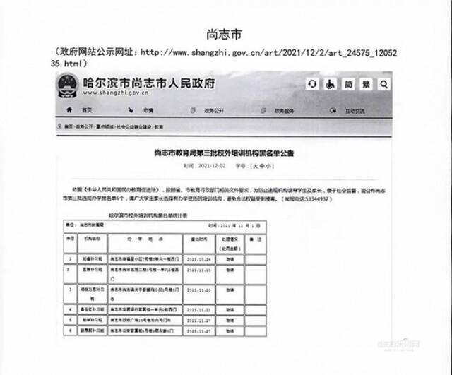 哈尔滨公布第十二批62家校外培训机构黑名单