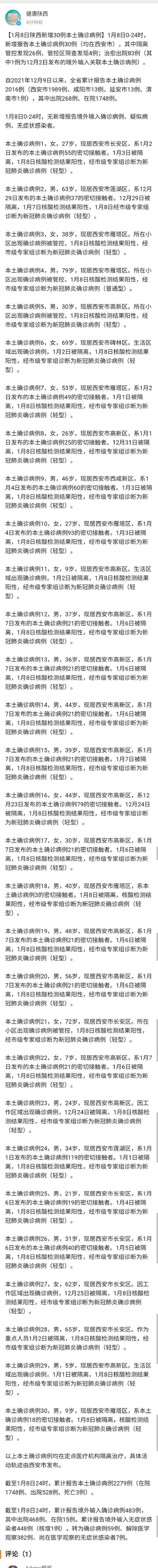 1月8日陕西新增30例本土确诊病例