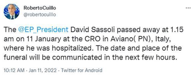 外媒：欧洲议会议长萨索利去世