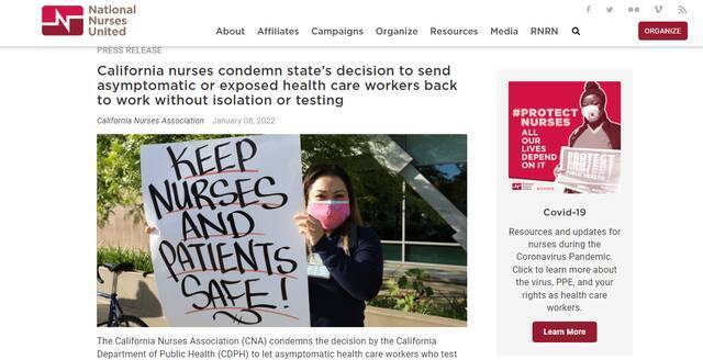 加州护士协会（California Nurses Association）网站截图