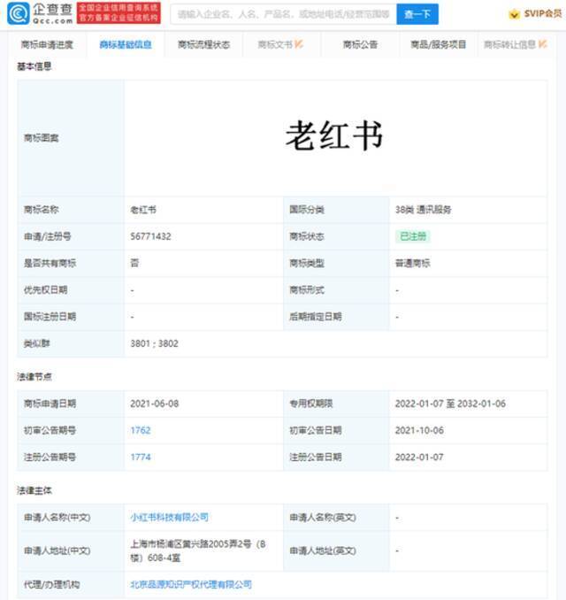 小红书通讯服务类老红书商标获批