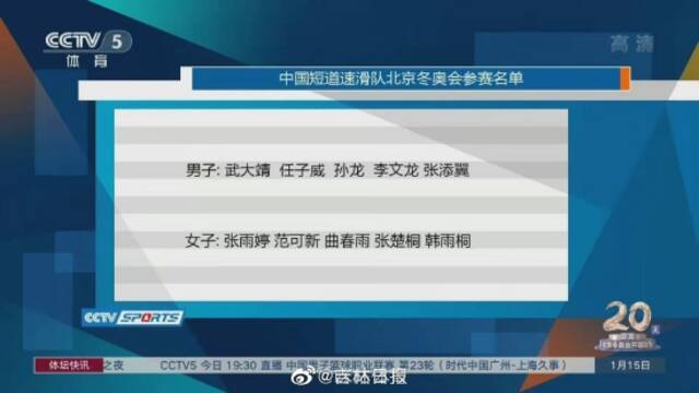 中国短道速滑队北京冬奥会名单出炉