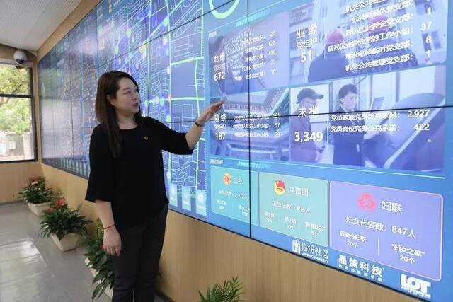 在上海市静安区临汾路街道办事处，工作人员介绍党建网格的应用场景（2020年9月21日摄）。新华社记者王翔摄