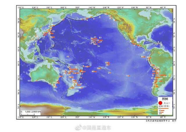 ↑此次火山喷发后的全球水位监测数据