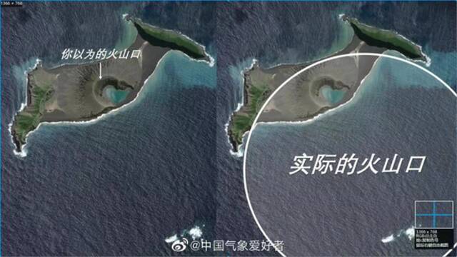 ↑据介绍，隐藏在海平面之下的是一座高约1800米，宽20公里的巨型海底火山。图据“中国气象爱好者”