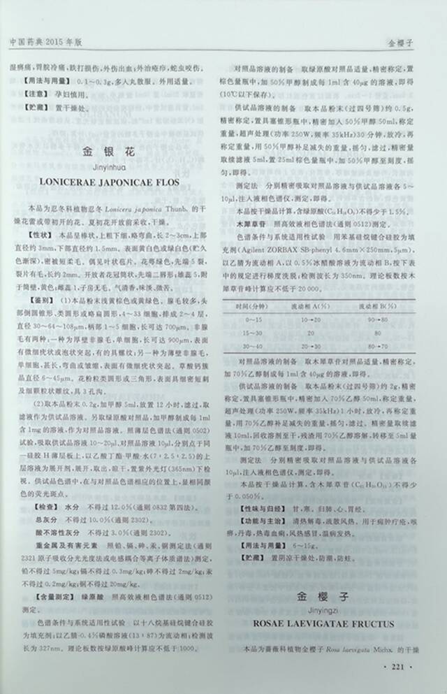 《中国药典》对“金银花”的介绍。
