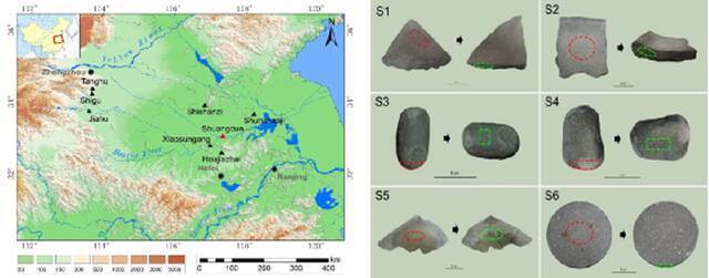 图1.双墩遗址地理位置及遗址出土不同类型石质加工工具
