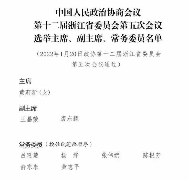浙江省政协十二届五次会议选举主席、副主席、常务委员名单