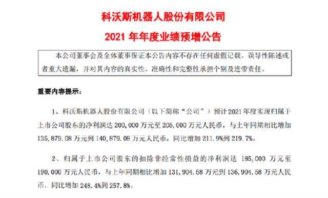 科沃斯：2021年净利同比预增211%-219%