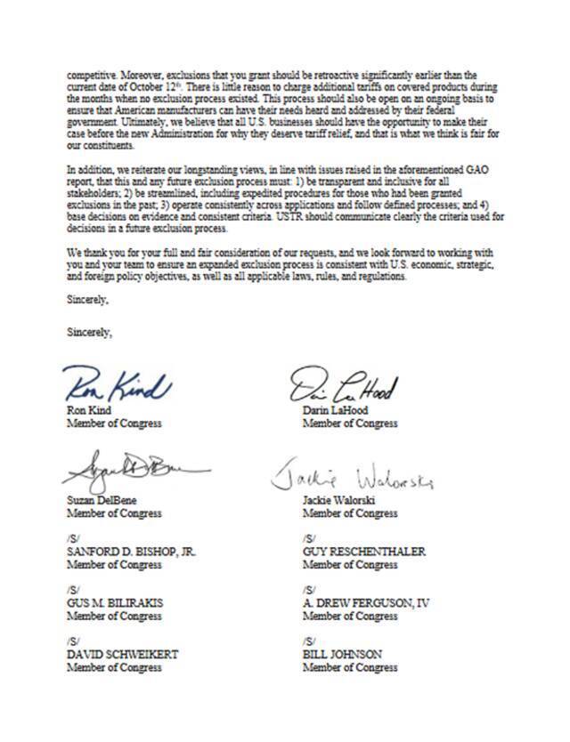美议员们致美国贸易代表办公室的一封信图自外媒