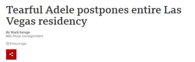 BBC：泪流满面的阿黛尔推迟了整个拉斯维加斯的驻场演出