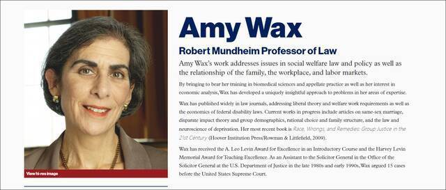 宾夕法尼亚大学凯里法学院网站上对于艾米·瓦克斯（Amy Wax）的介绍。