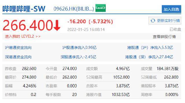 大型科技股继续下挫 哔哩哔哩港股跌超5%