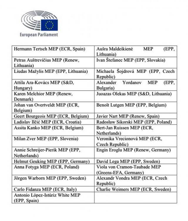 签署信件的欧洲议会议员名单莱克斯曼推特图