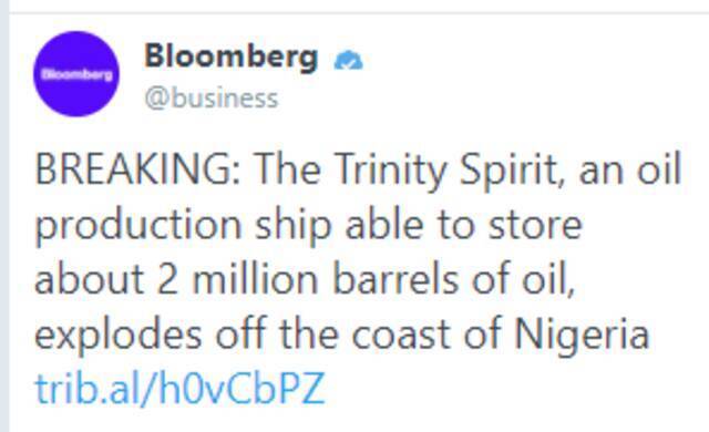 尼日利亚海岸一采油船发生爆炸 浓烟滚滚