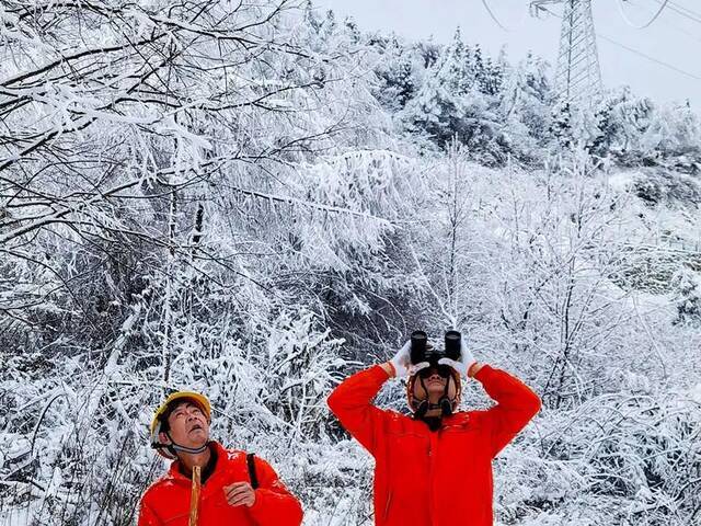 电力巡线工人用望远镜对输电线路覆冰情况进行监测罗一灵摄