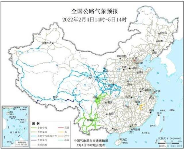 全国公路气象预报图。图片来源：中央气象台