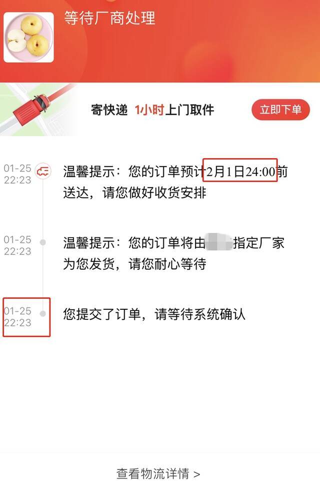 春节前1月25日下单，当时预计2月1日达到，但现在快递还没送到。受访者供图