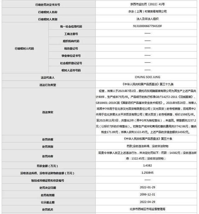 ↑北京市西城区市场监督管理局行政处罚决定书