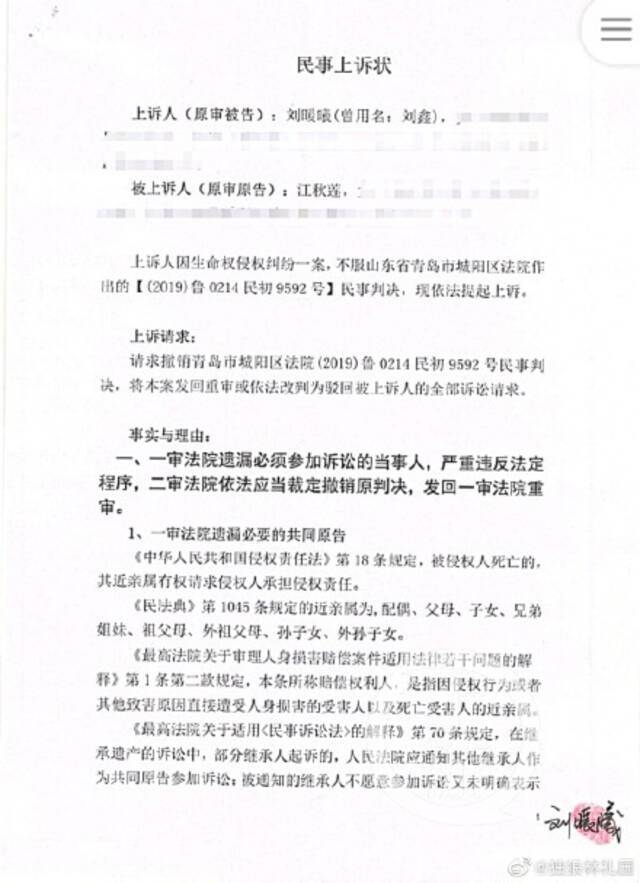 刘鑫上诉状质疑一审程序，律师：江歌妈妈有权单独起诉，不存在违法