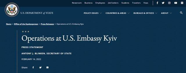 美国关闭驻基辅大使馆，将使馆业务西迁至乌波边境城市利沃夫