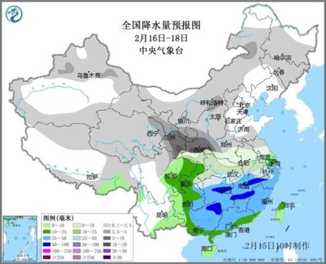 2月16日-18日全国降水量预报图。来源：中国天气网