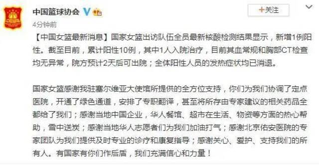 中国女篮出访队伍新增1名阳性