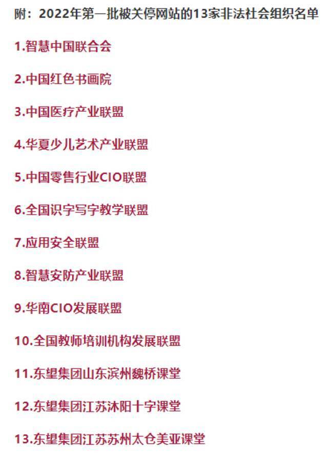 民政部会同有关部门依法关停今年第一批13家非法社会组织网站