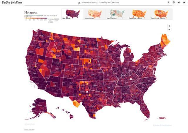 美国发布疫情报告，整个美国全紫了（图源：纽约时报）