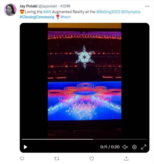 译文：喜欢（北京冬奥会闭幕式上的）增强现实技术。（图片来源：推特）