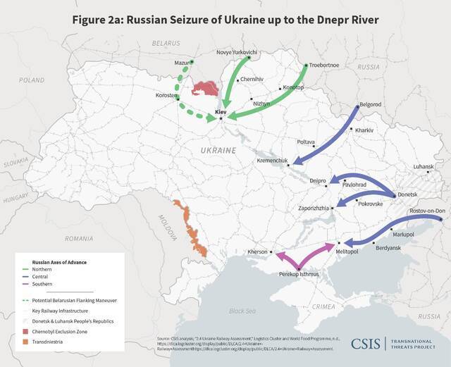 美国战略与国际问题研究中心（CSIS）制作的俄军可能进攻路线图。