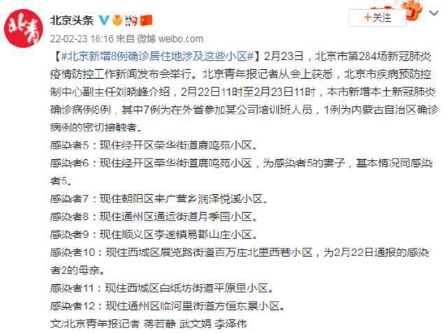 北京新增8例确诊居住地涉及这些小区