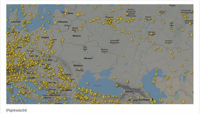 飞行追踪机构：乌克兰与俄罗斯上空已几乎没有航班