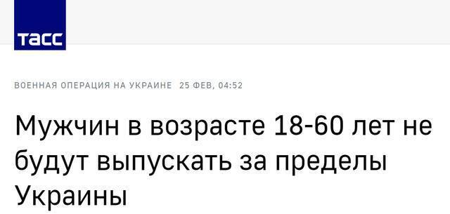 塔斯社：18至60岁男性将不会被允许前往乌克兰境外