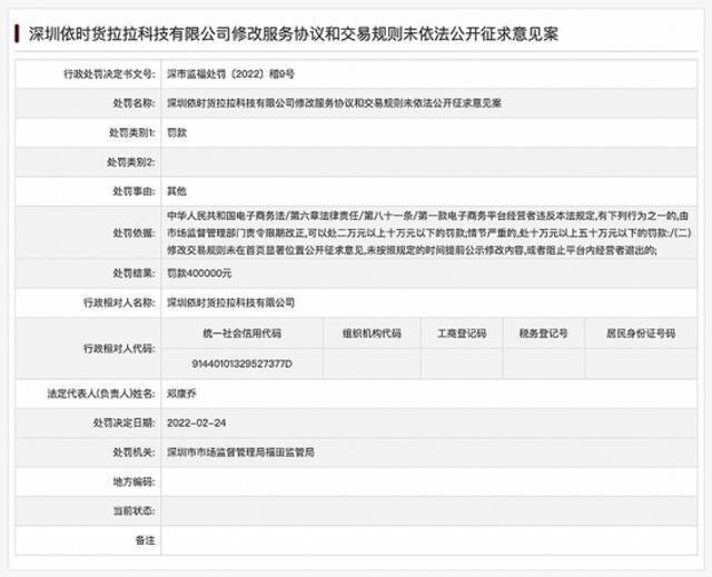 货拉拉被罚40万元：修改服务协议和交易规则未依法公开征求意见