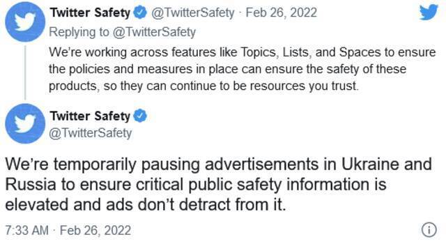 Twitter暂停乌克兰和俄罗斯用户的广告和内容推荐