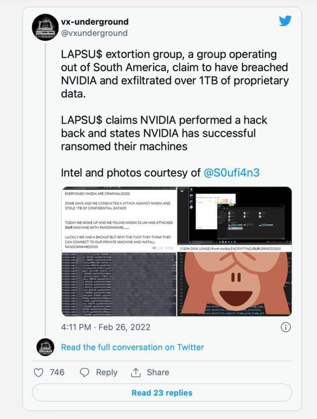 受到勒索软件攻击之后，消息称英伟达把黑客黑了