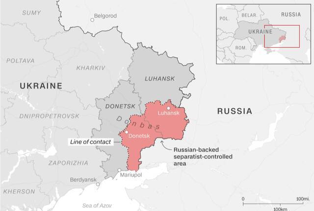 “顿涅茨克人民共和国”和“卢甘斯克人民共和国”范围（红色部分）
