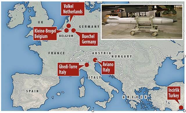 美国在欧洲部署核弹的国家包括德国、比利时、荷兰、意大利和土耳其。图源：daily mail