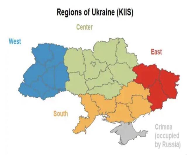 乌克兰四大区域，图片来自基辅社会学国际研究所。转引自王方，《政治传播的营销策略——以2019年乌克兰总统大选为例》。