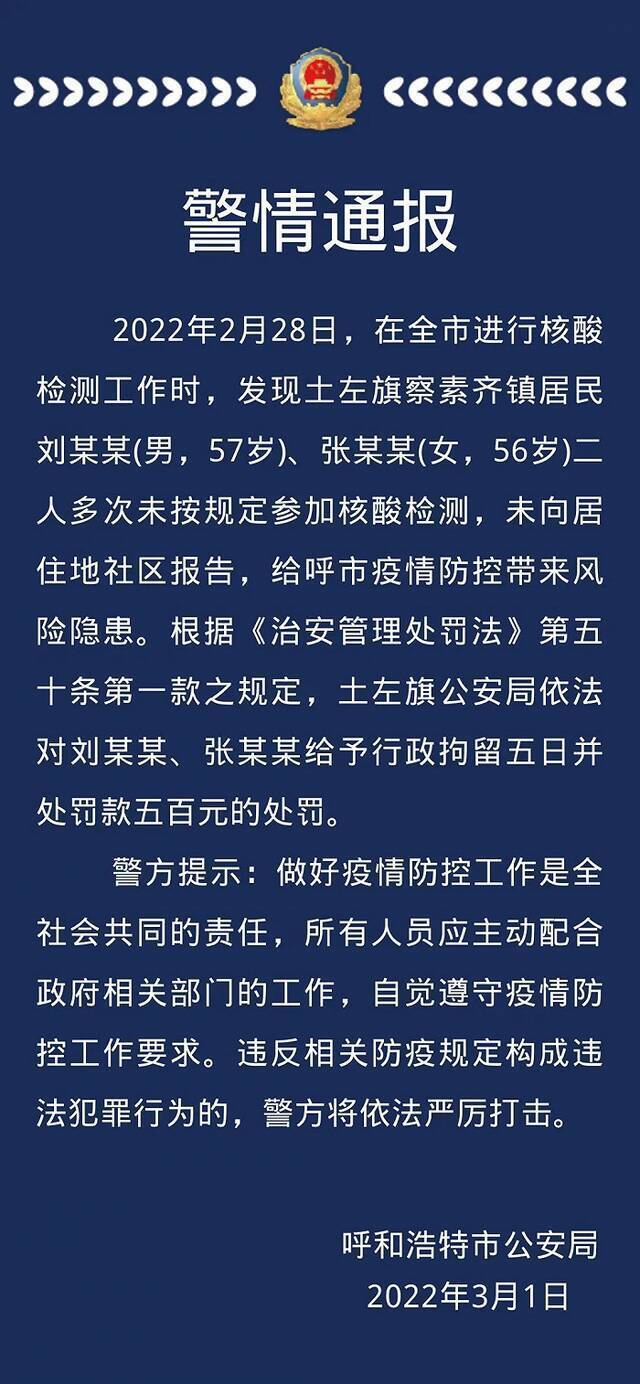 呼和浩特警方：2人多次未按规定参加核酸检测，未向居住地社区报告 被行拘