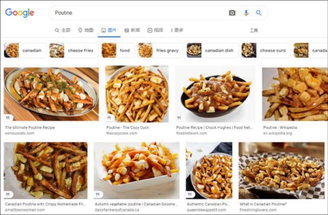 在谷歌搜索“Poutine”显示的结果