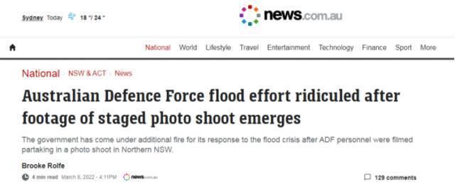 澳大利亚新闻网：澳国防军洪水救援行动在一组拍摄镜头曝光后被嘲讽