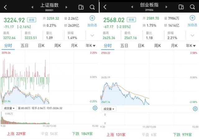 沪指跌2.16% 创指跌2.55%：4162家下跌