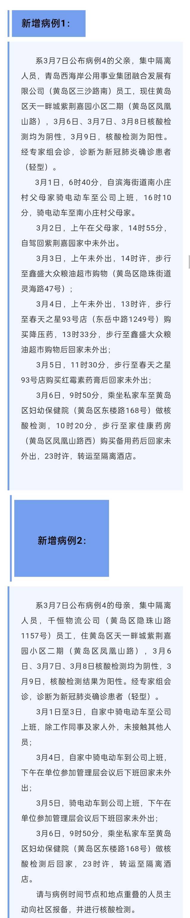 山东青岛黄岛区10日新增2例新冠肺炎本土确诊病例行程轨迹公布