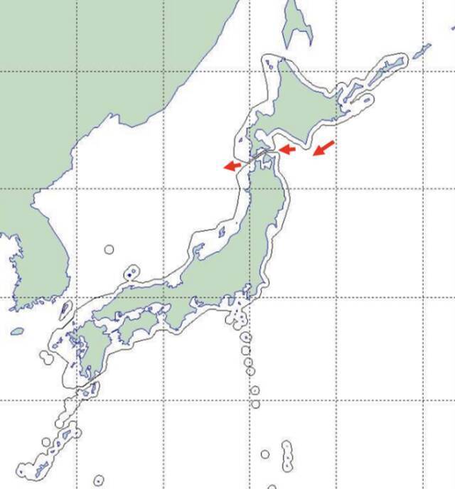俄罗斯海军所属舰艇航线图，图自日本防卫省通报