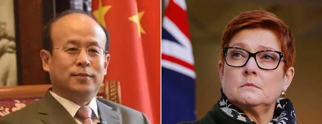 资料图：中国驻澳大利亚大使肖千和澳大利亚外交部长佩恩