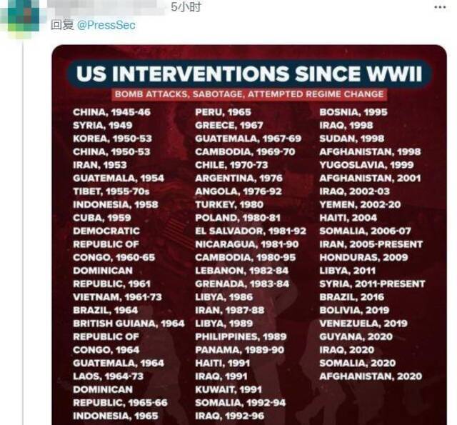 网友把美国多年来轰炸、破坏、试图颠覆政权的国家名单列出。图片来源：推特网页截图。