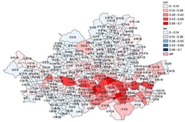 首尔市内各洞表分布；颜色越深，票差越大。红色是尹锡悦得票较高的地区，蓝色是李在明得票较高的地区。