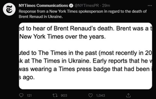 《纽约时报》公关账号（@NYTimes Communications）推特截图